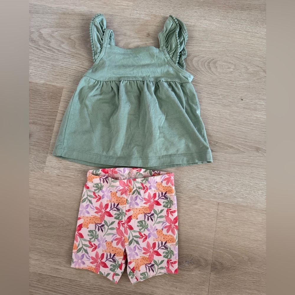Carter’s Green Ruffle-Sleeve Tank with Floral Leopard Print Shorts